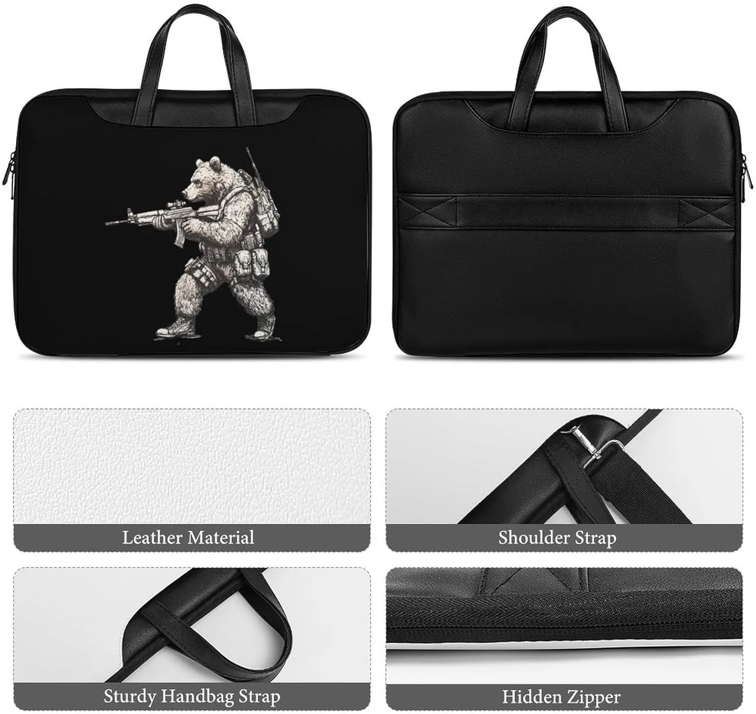 Bear with Gun Leather Bag Laptop Case Slim Water Resistant Computer Bags with Handle Briefcase for Work