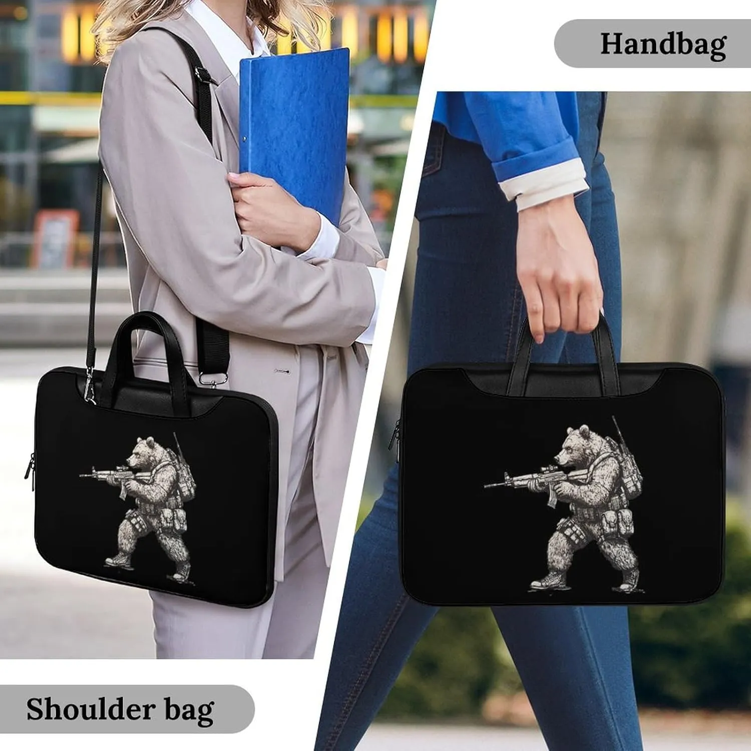 Bear with Gun Leather Bag Laptop Case Slim Water Resistant Computer Bags with Handle Briefcase for Work