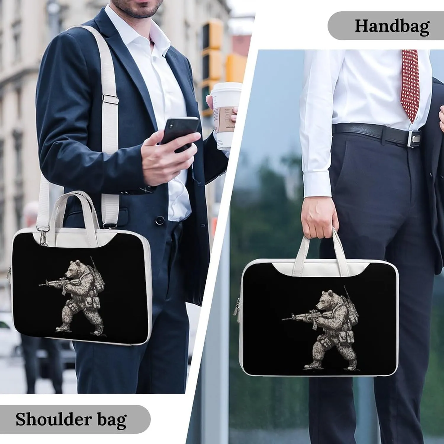 Bear with Gun Leather Bag Laptop Case Slim Water Resistant Computer Bags with Handle Briefcase for Work