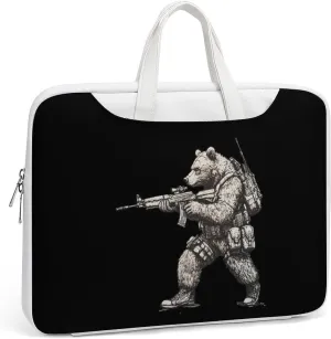 Bear with Gun Leather Bag Laptop Case Slim Water Resistant Computer Bags with Handle Briefcase for Work