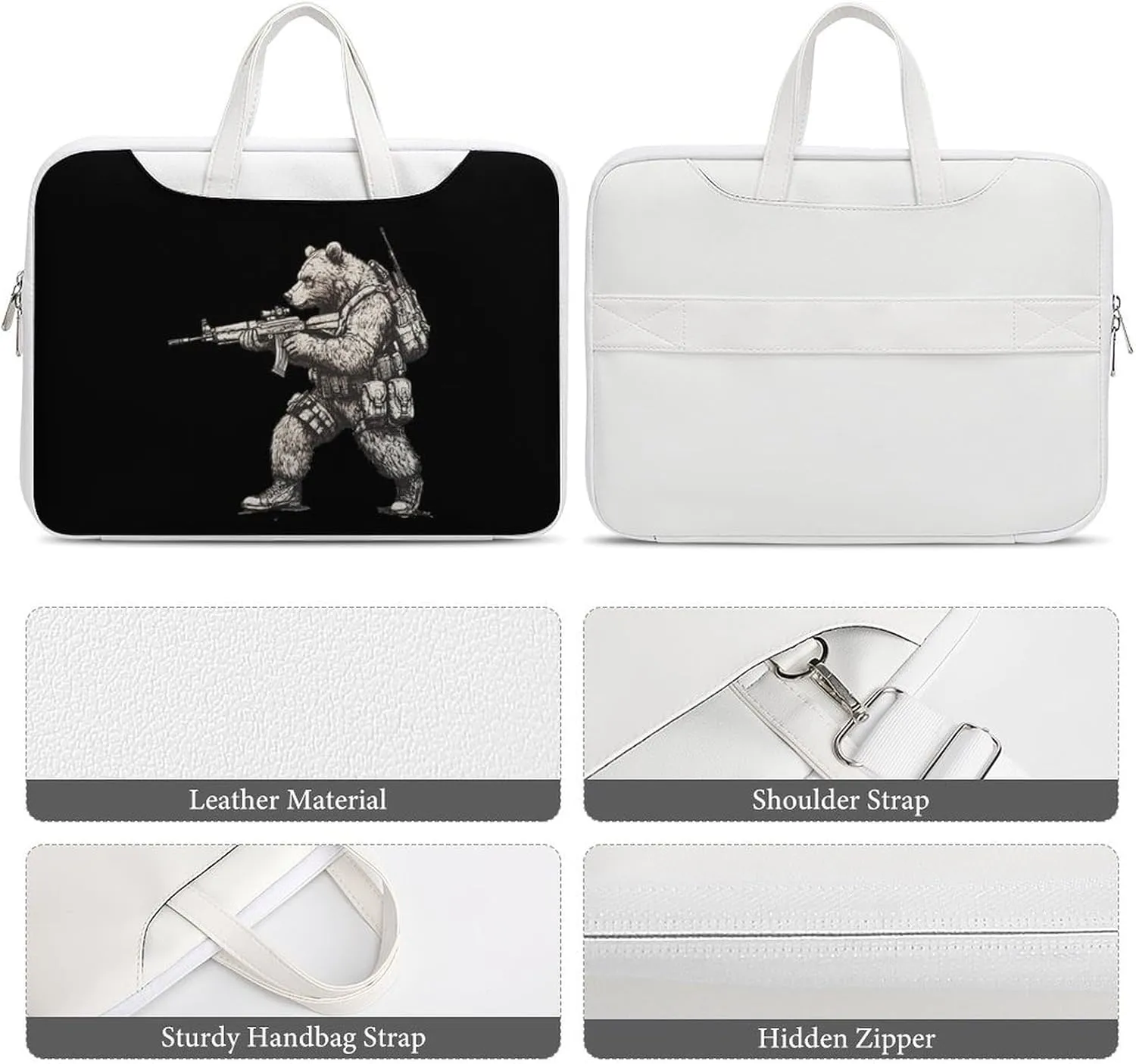 Bear with Gun Leather Bag Laptop Case Slim Water Resistant Computer Bags with Handle Briefcase for Work