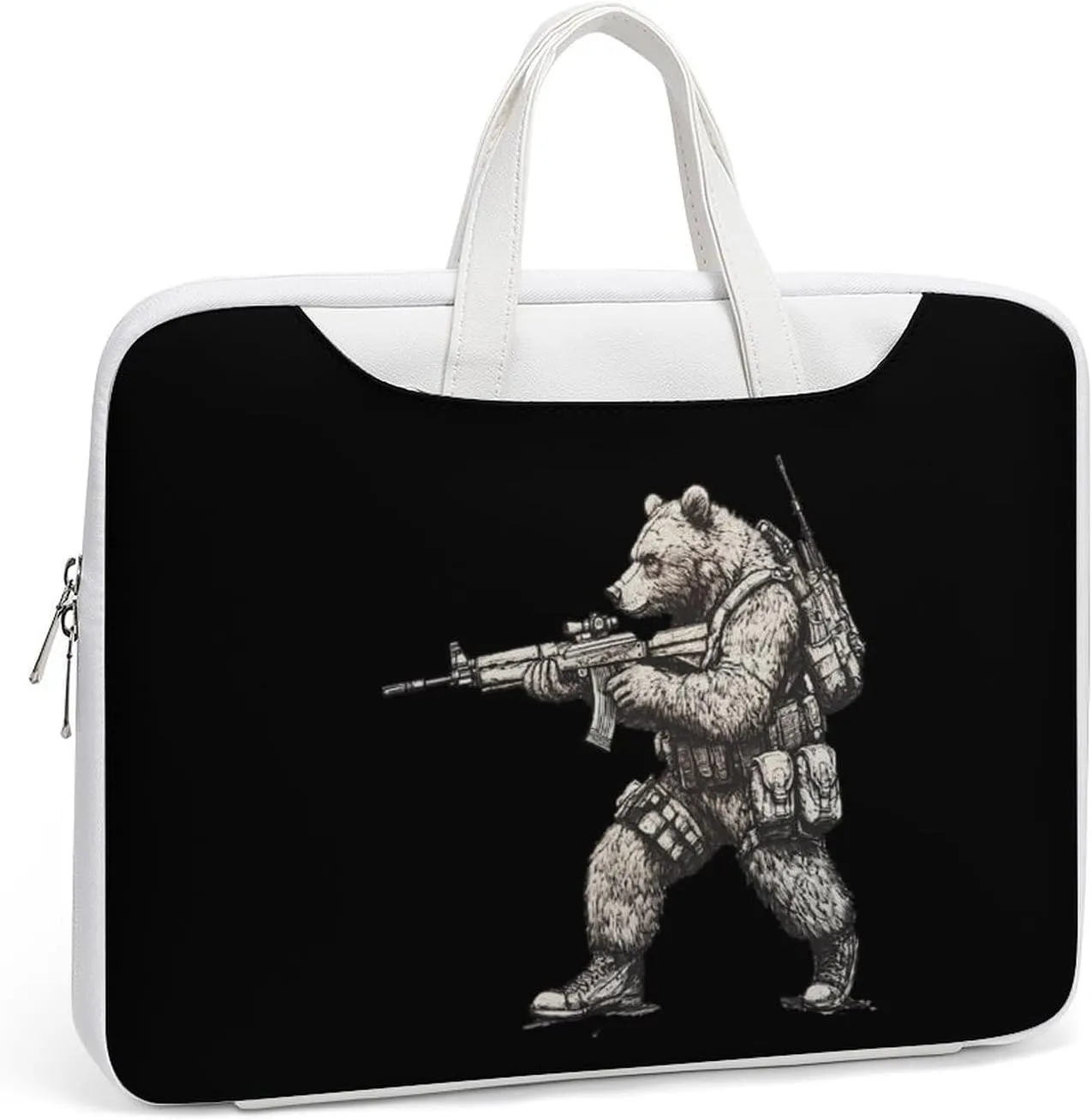 Bear with Gun Leather Bag Laptop Case Slim Water Resistant Computer Bags with Handle Briefcase for Work