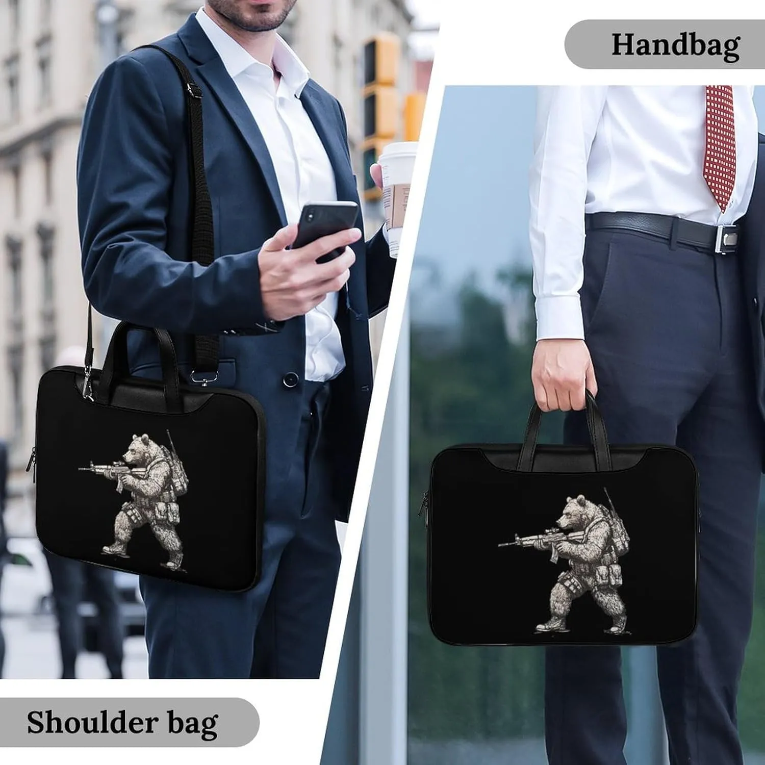 Bear with Gun Leather Bag Laptop Case Slim Water Resistant Computer Bags with Handle Briefcase for Work