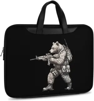 Bear with Gun Leather Bag Laptop Case Slim Water Resistant Computer Bags with Handle Briefcase for Work