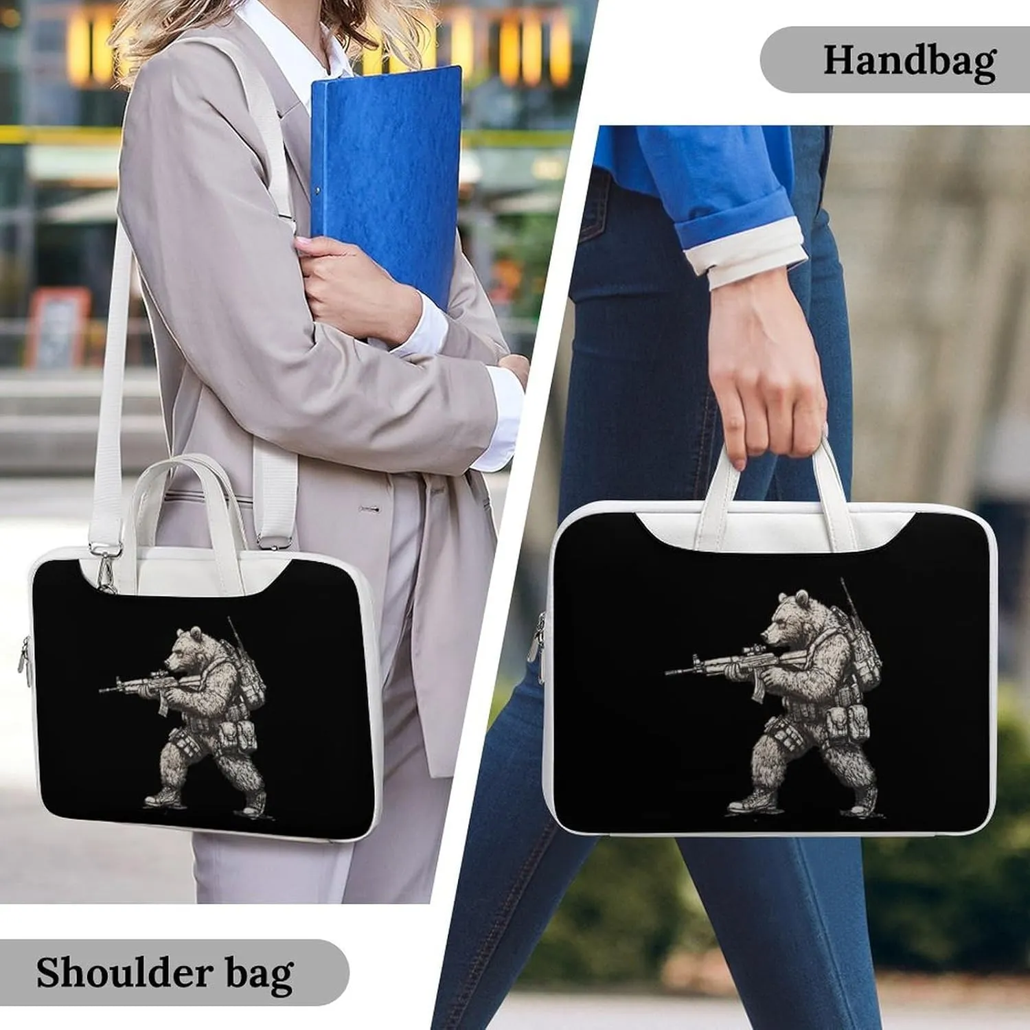 Bear with Gun Leather Bag Laptop Case Slim Water Resistant Computer Bags with Handle Briefcase for Work