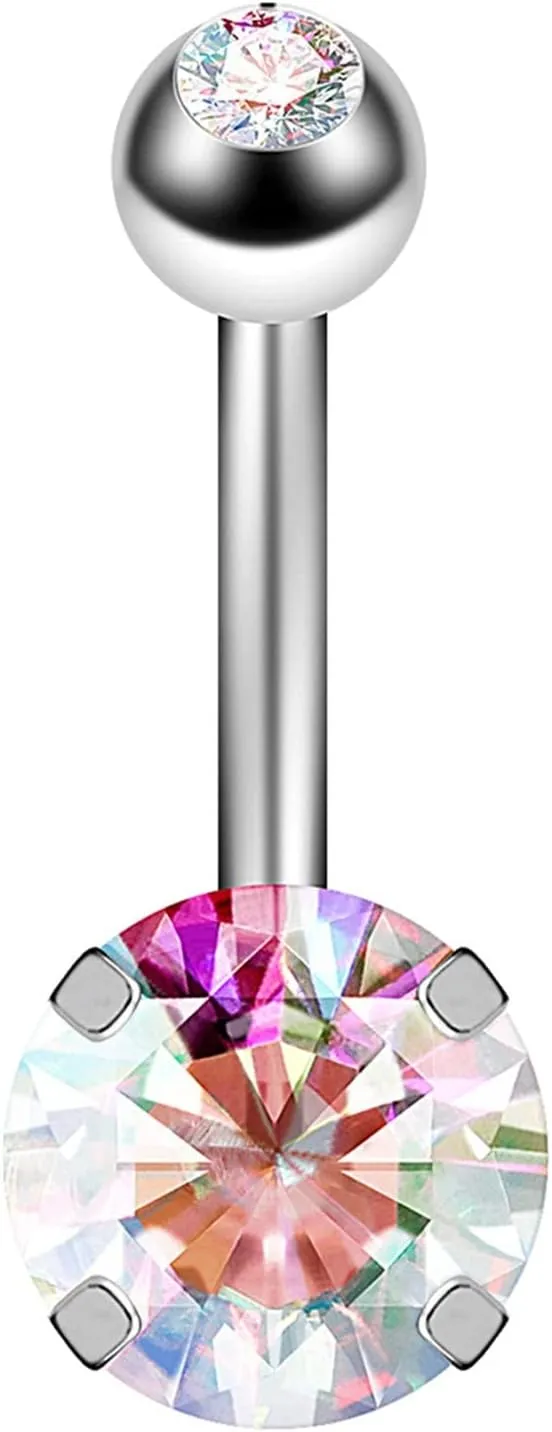 Belly Button Rings, Stainless Steel Round Opal Navel Jewelry, Silver Piercing Body Jewelry for Women