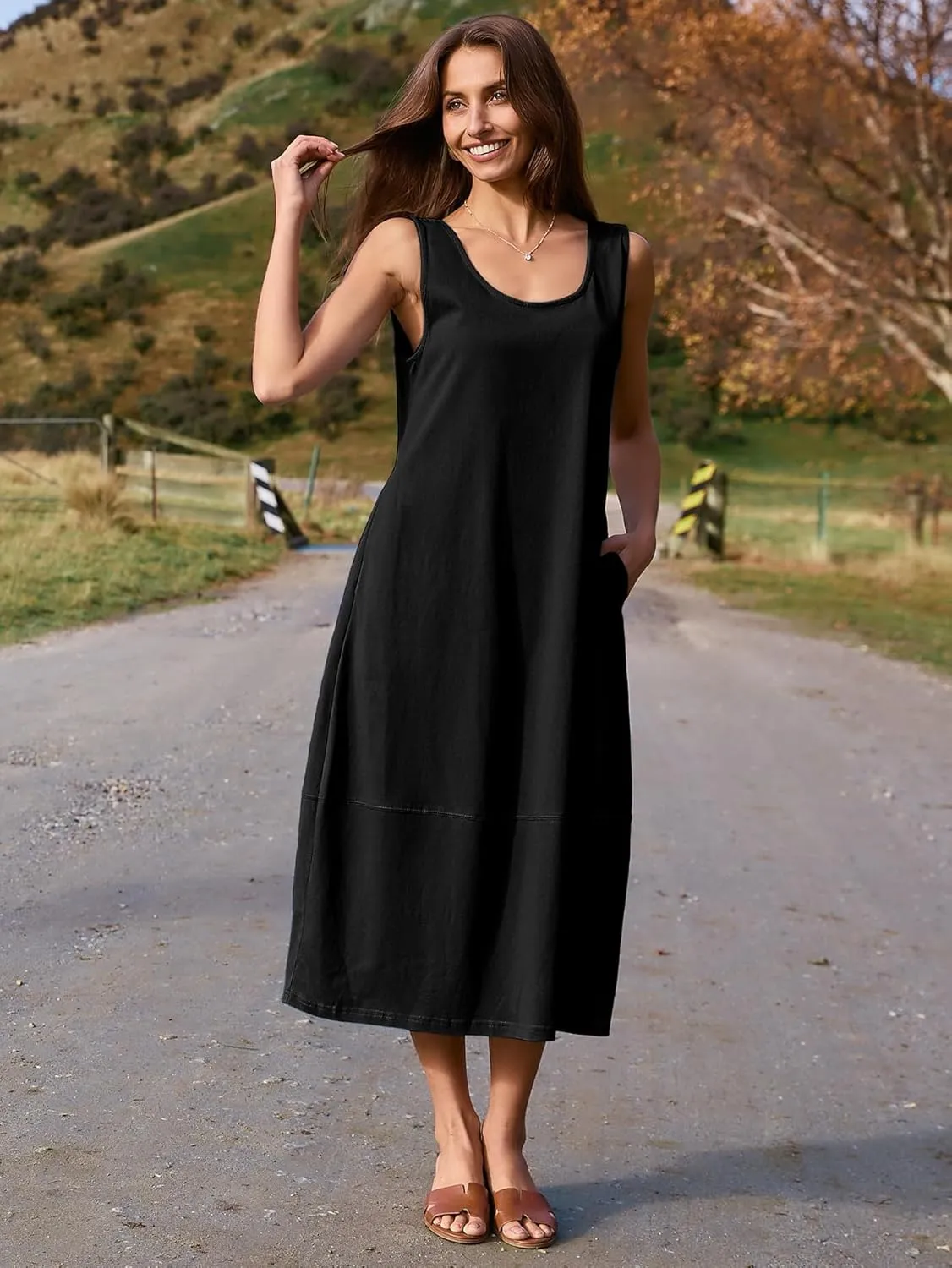 BerryGo Women's Loose Casual Midi Cotton Dresses Sundress Sleeveless Beach Summer Trendy Tank Top Dress with Pockets
