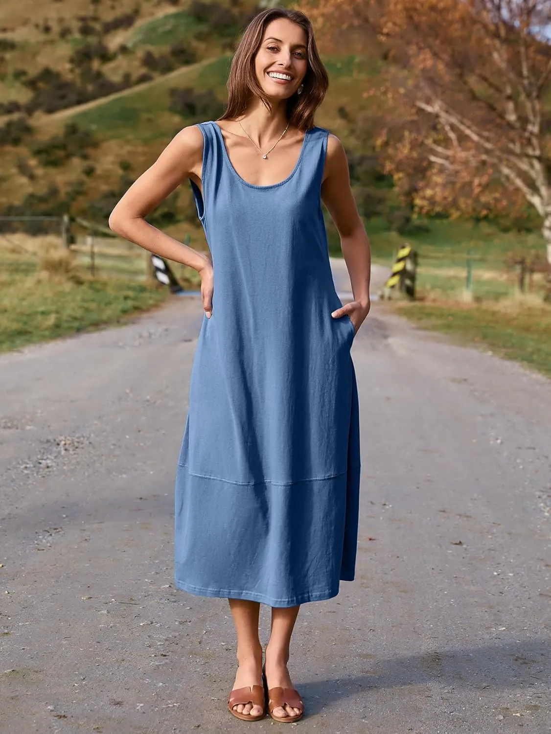 BerryGo Women's Loose Casual Midi Cotton Dresses Sundress Sleeveless Beach Summer Trendy Tank Top Dress with Pockets