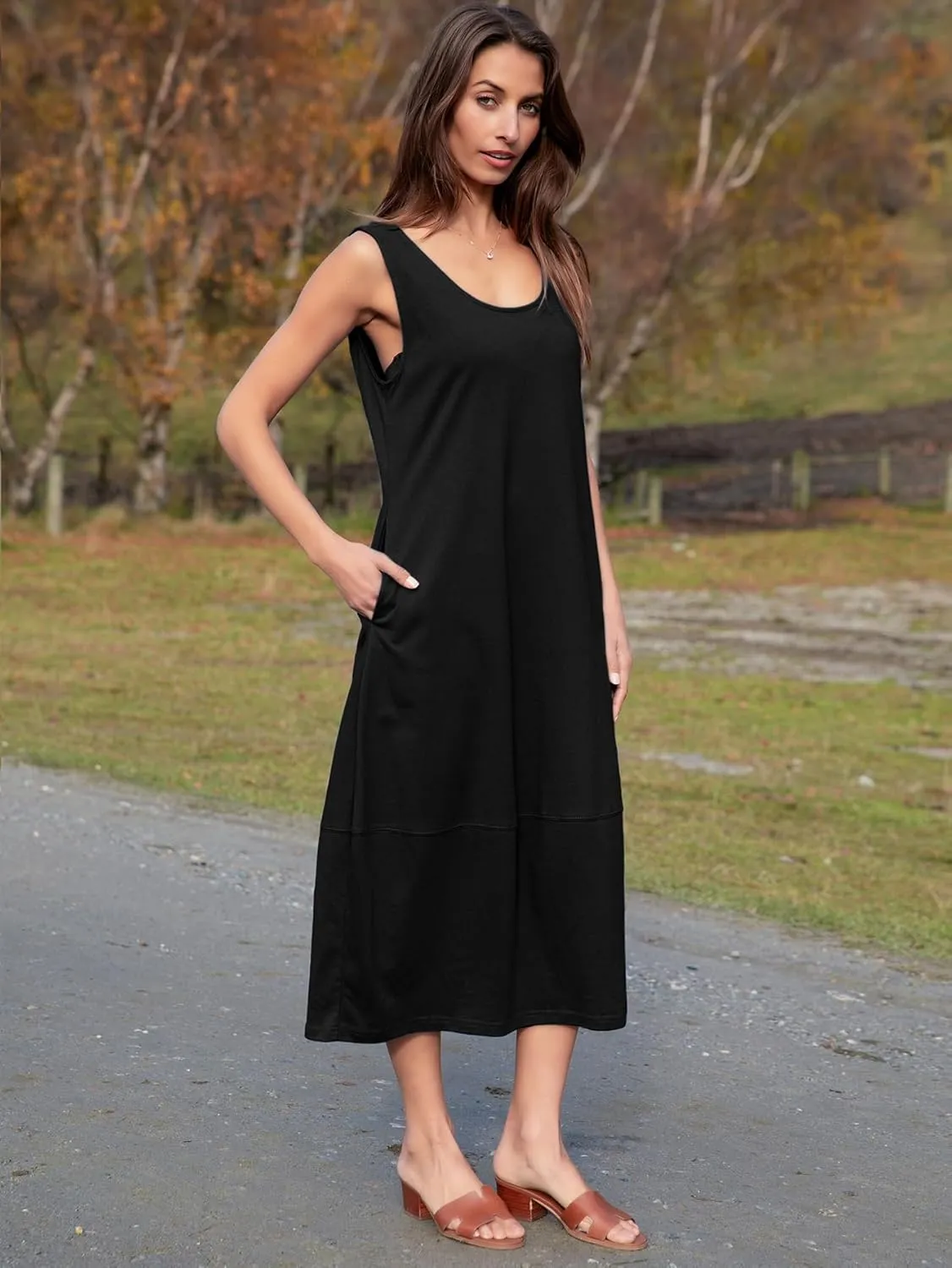 BerryGo Women's Loose Casual Midi Cotton Dresses Sundress Sleeveless Beach Summer Trendy Tank Top Dress with Pockets