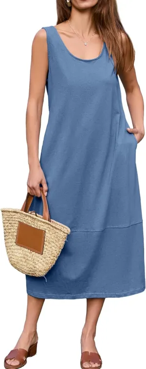 BerryGo Women's Loose Casual Midi Cotton Dresses Sundress Sleeveless Beach Summer Trendy Tank Top Dress with Pockets