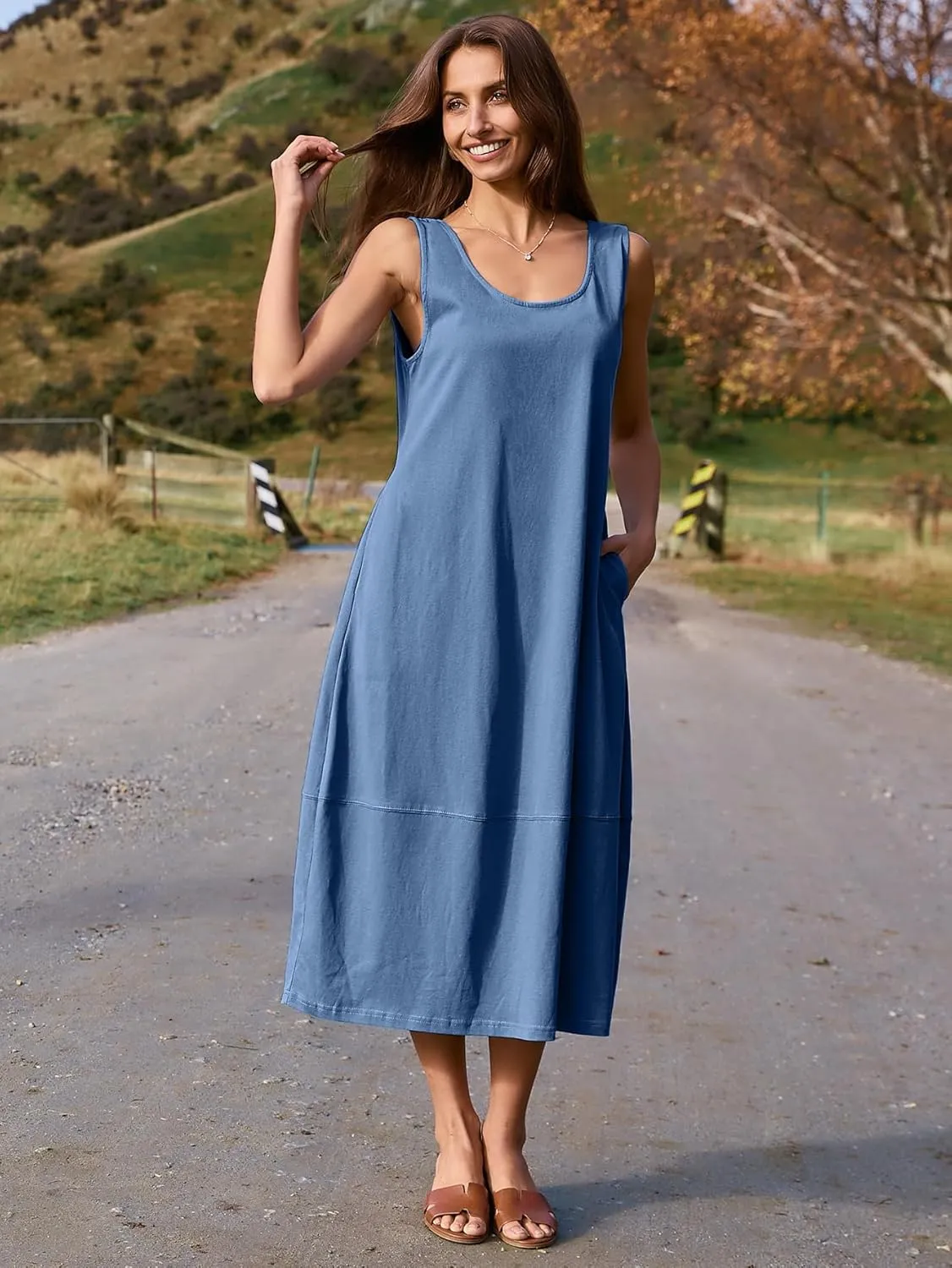 BerryGo Women's Loose Casual Midi Cotton Dresses Sundress Sleeveless Beach Summer Trendy Tank Top Dress with Pockets
