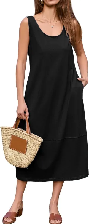 BerryGo Women's Loose Casual Midi Cotton Dresses Sundress Sleeveless Beach Summer Trendy Tank Top Dress with Pockets