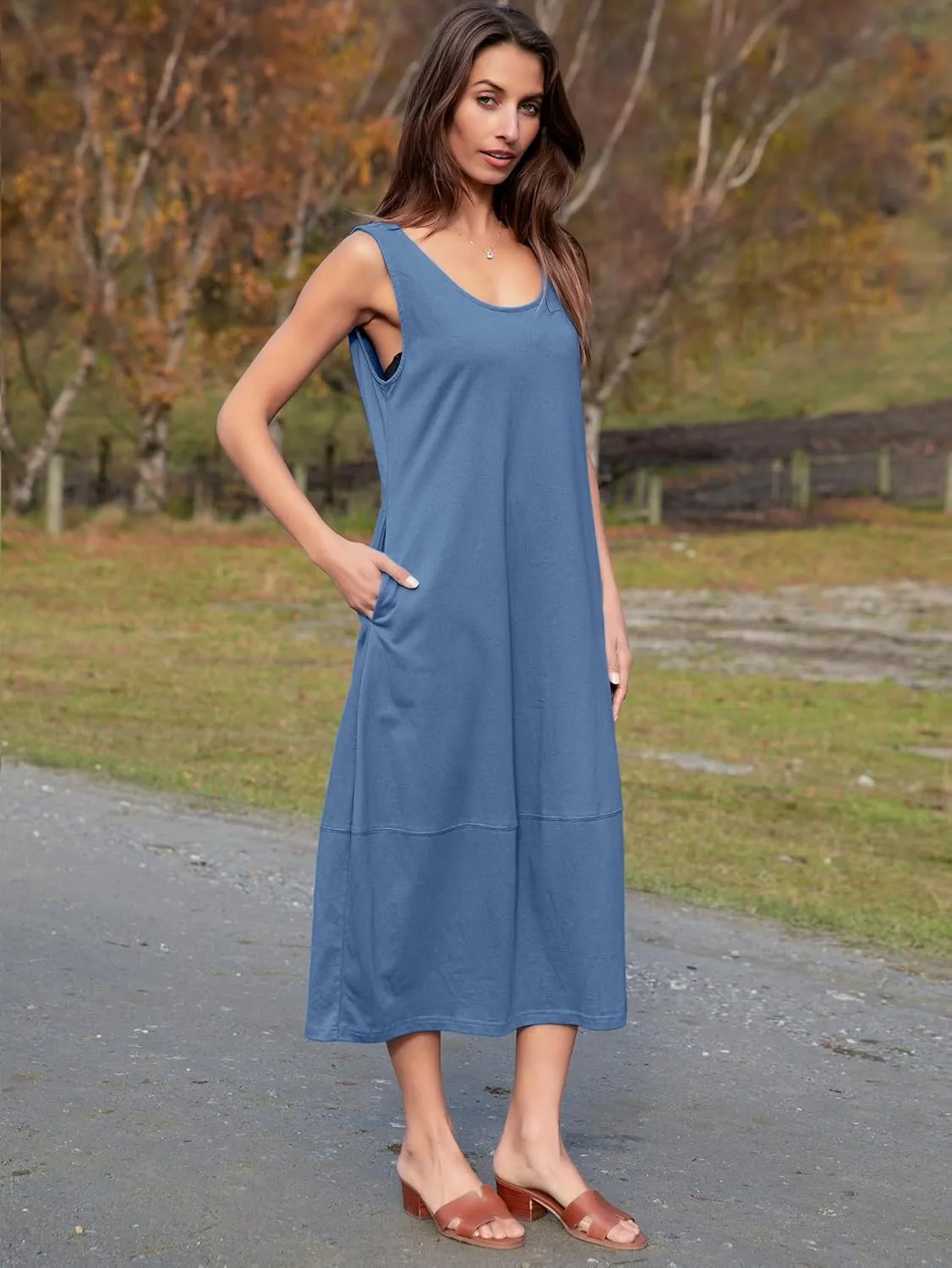BerryGo Women's Loose Casual Midi Cotton Dresses Sundress Sleeveless Beach Summer Trendy Tank Top Dress with Pockets