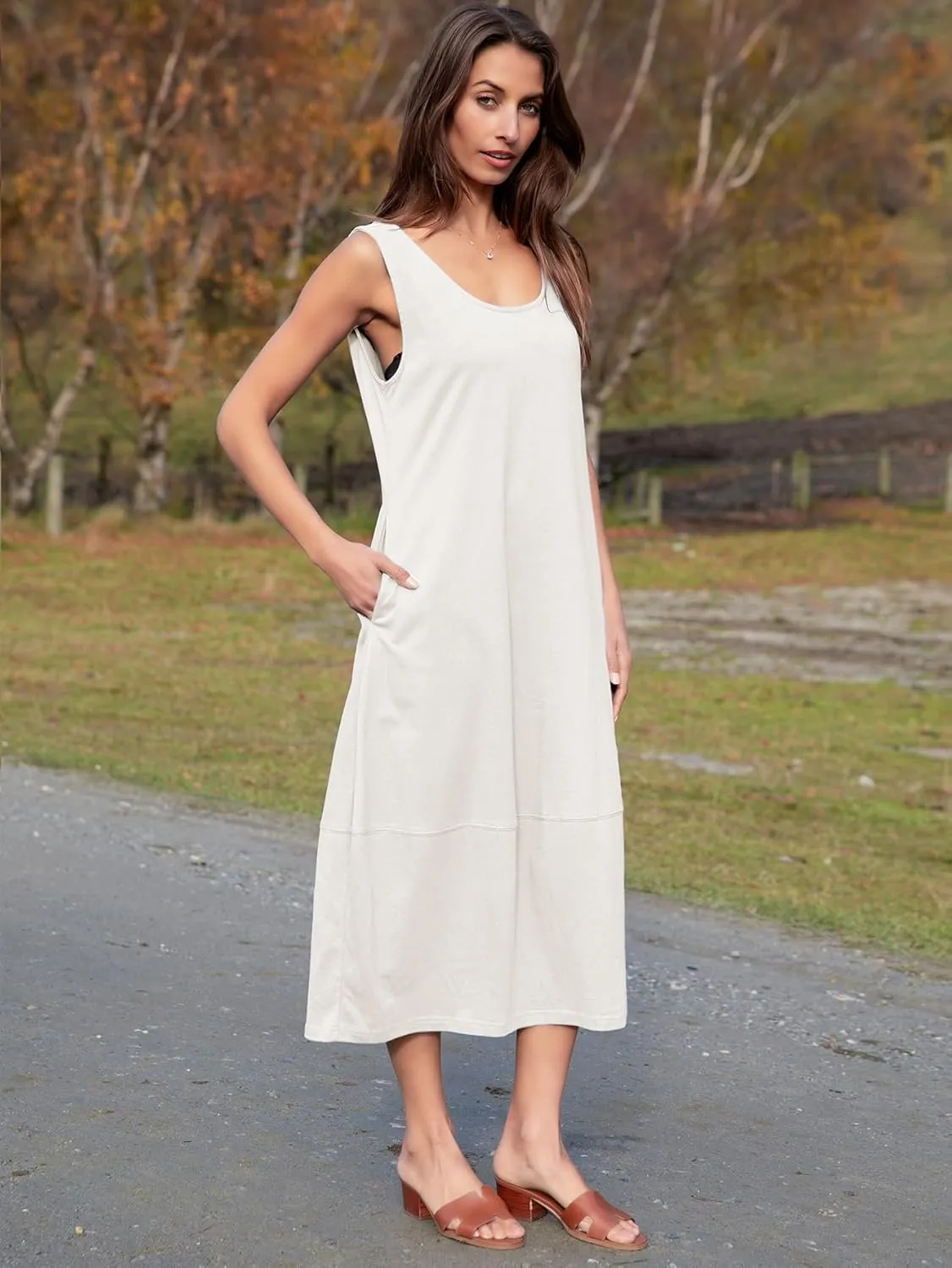 BerryGo Women's Loose Casual Midi Cotton Dresses Sundress Sleeveless Beach Summer Trendy Tank Top Dress with Pockets