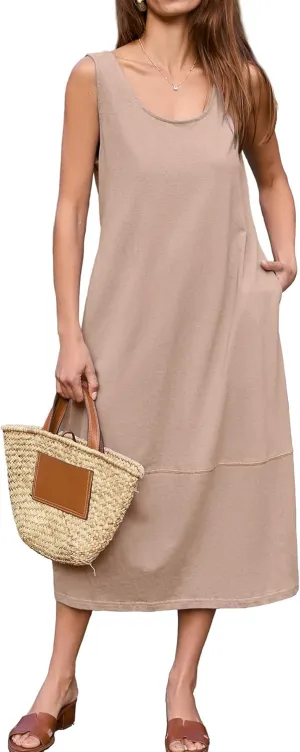 BerryGo Women's Loose Casual Midi Cotton Dresses Sundress Sleeveless Beach Summer Trendy Tank Top Dress with Pockets