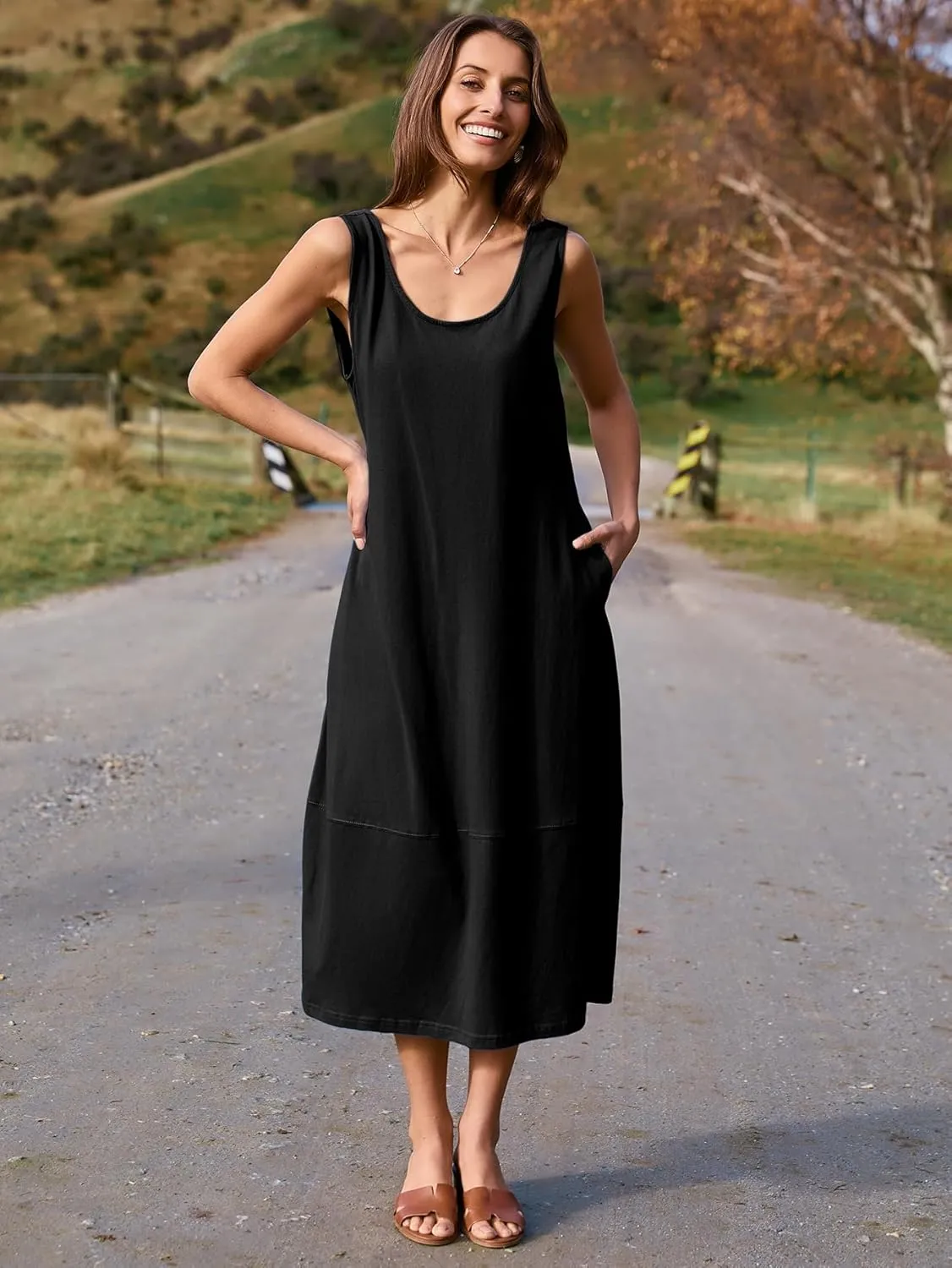 BerryGo Women's Loose Casual Midi Cotton Dresses Sundress Sleeveless Beach Summer Trendy Tank Top Dress with Pockets