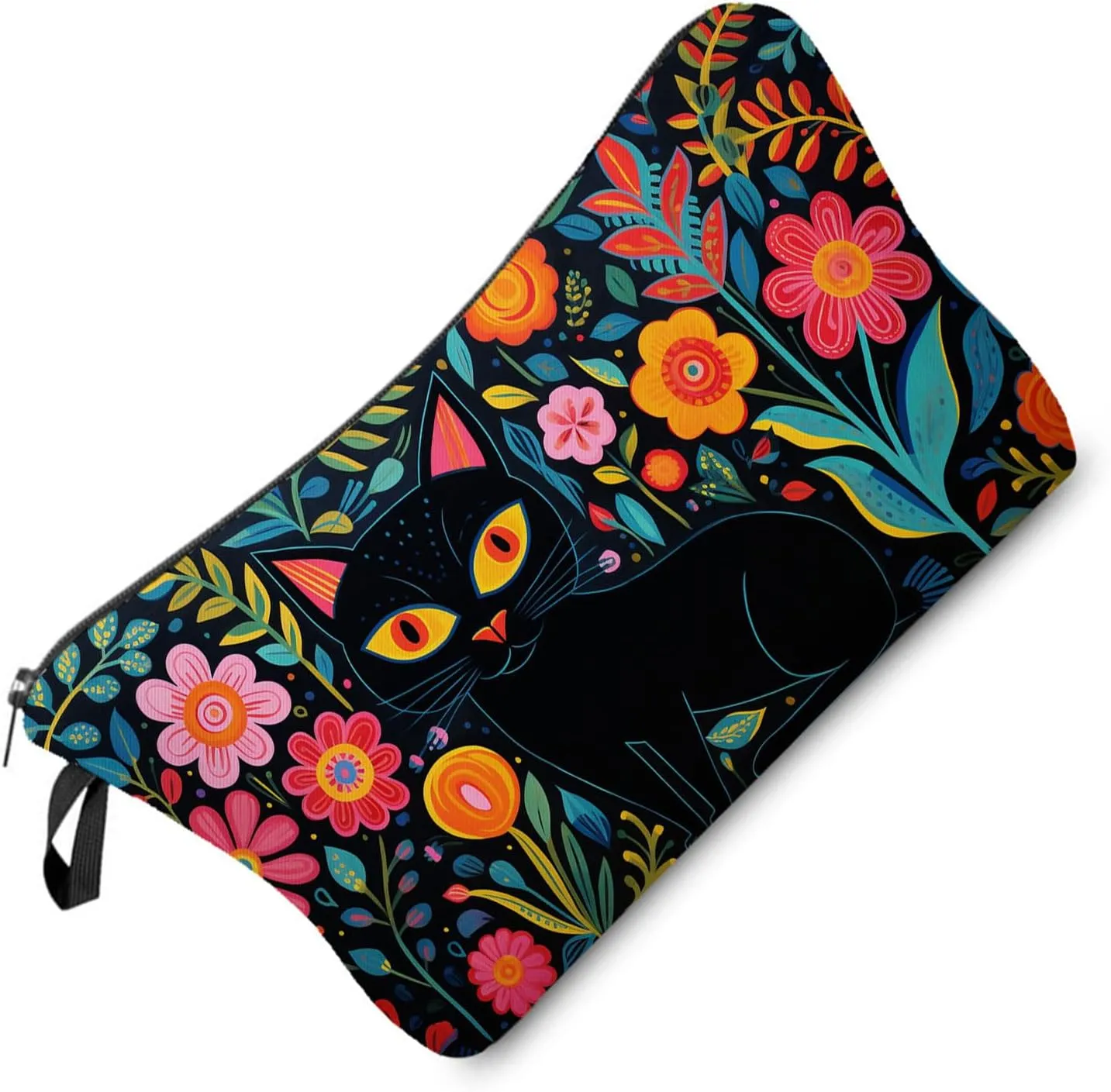Black Cat Makeup Bag Mexican Folk Art Painting Small Organizer Zipper Pouch Floral Black Cat Kitten Print Cosmetic Bag Present for Women Friends
