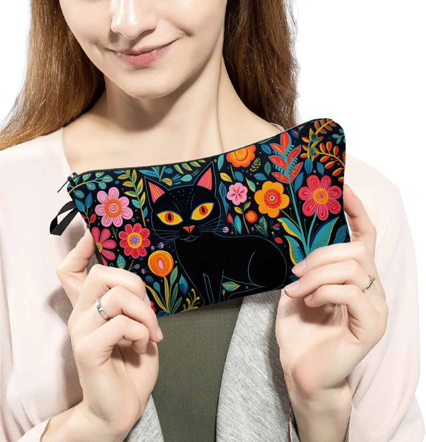 Black Cat Makeup Bag Mexican Folk Art Painting Small Organizer Zipper Pouch Floral Black Cat Kitten Print Cosmetic Bag Present for Women Friends