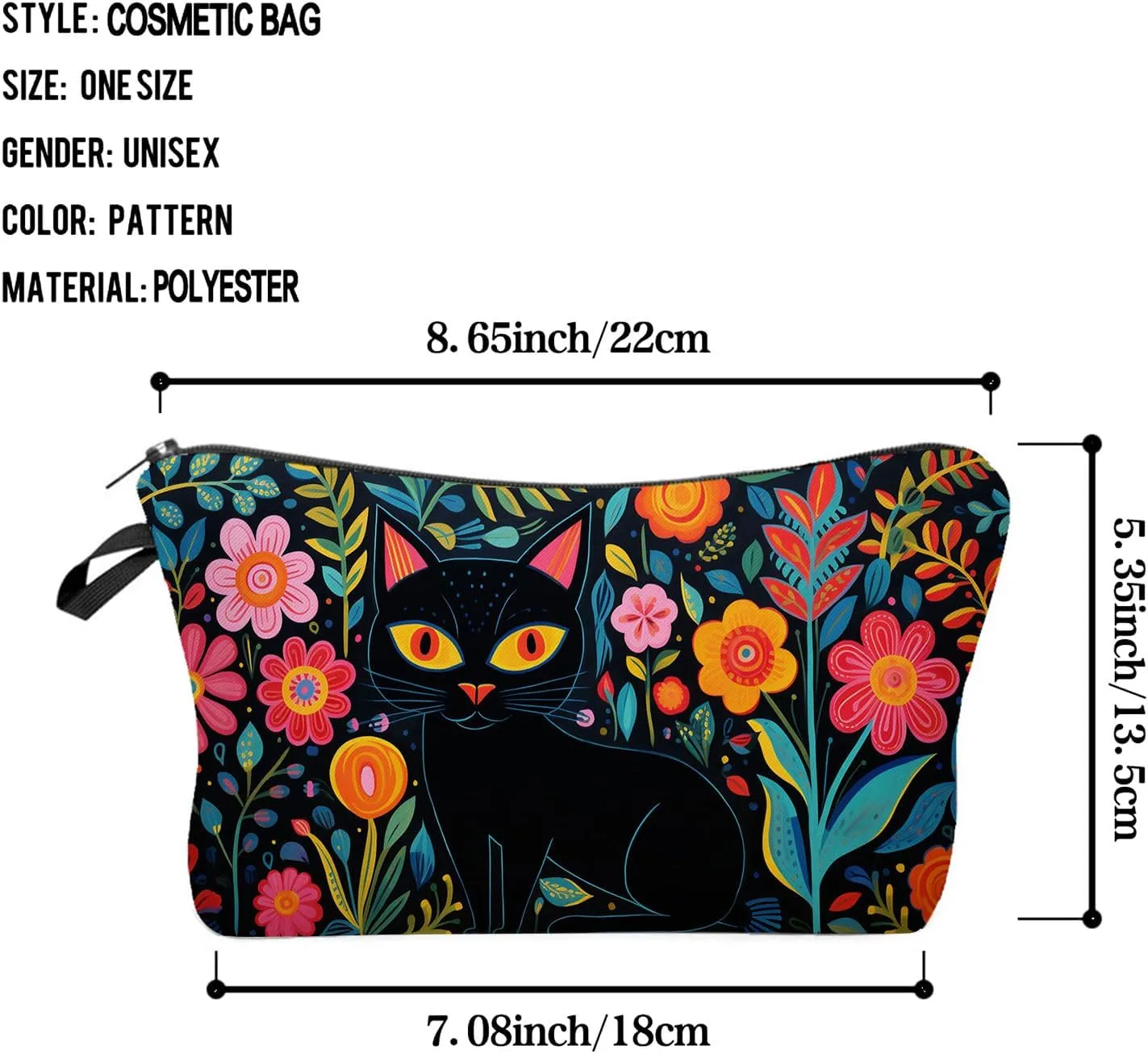 Black Cat Makeup Bag Mexican Folk Art Painting Small Organizer Zipper Pouch Floral Black Cat Kitten Print Cosmetic Bag Present for Women Friends