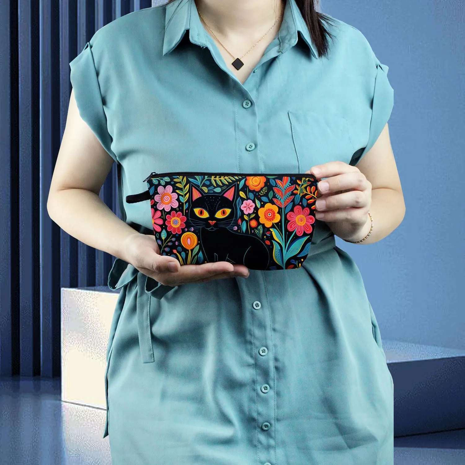 Black Cat Makeup Bag Mexican Folk Art Painting Small Organizer Zipper Pouch Floral Black Cat Kitten Print Cosmetic Bag Present for Women Friends