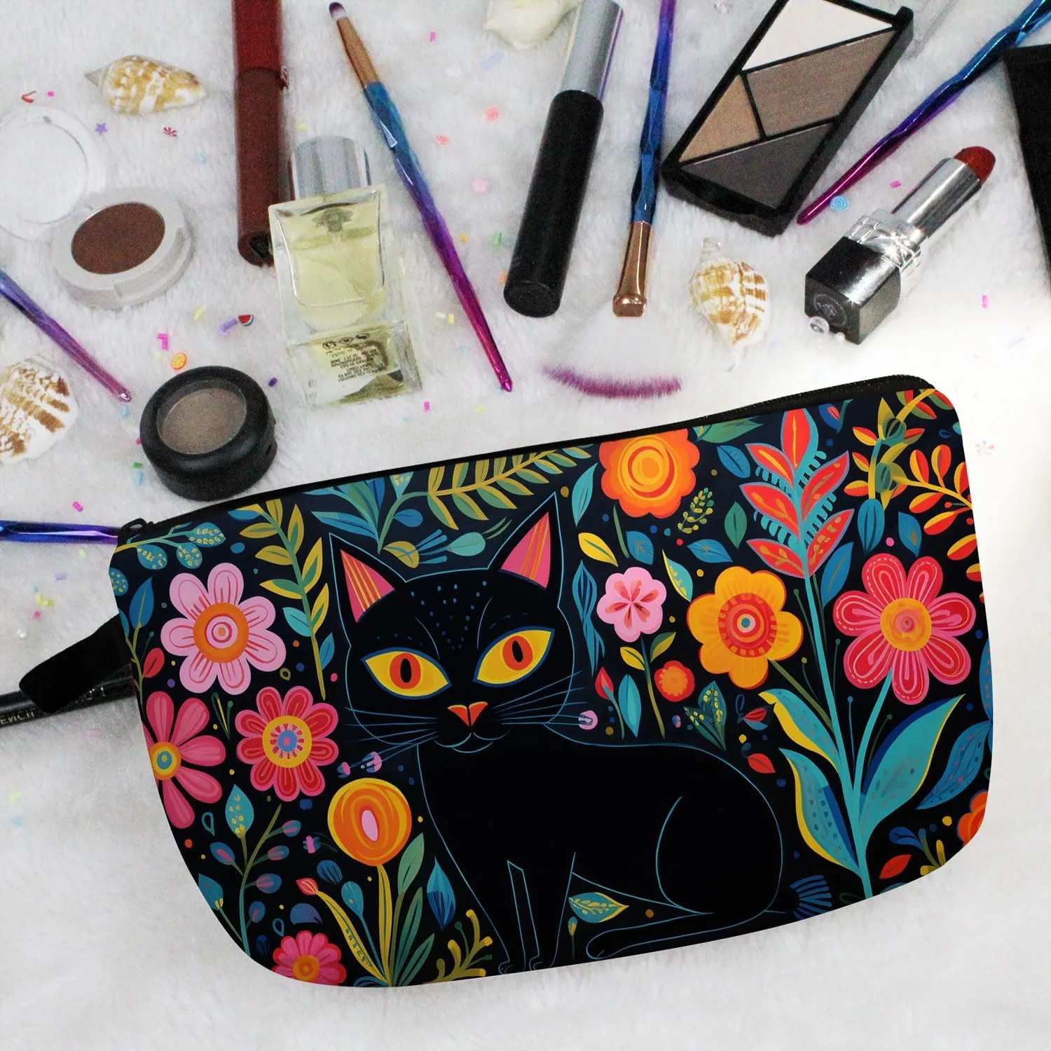 Black Cat Makeup Bag Mexican Folk Art Painting Small Organizer Zipper Pouch Floral Black Cat Kitten Print Cosmetic Bag Present for Women Friends