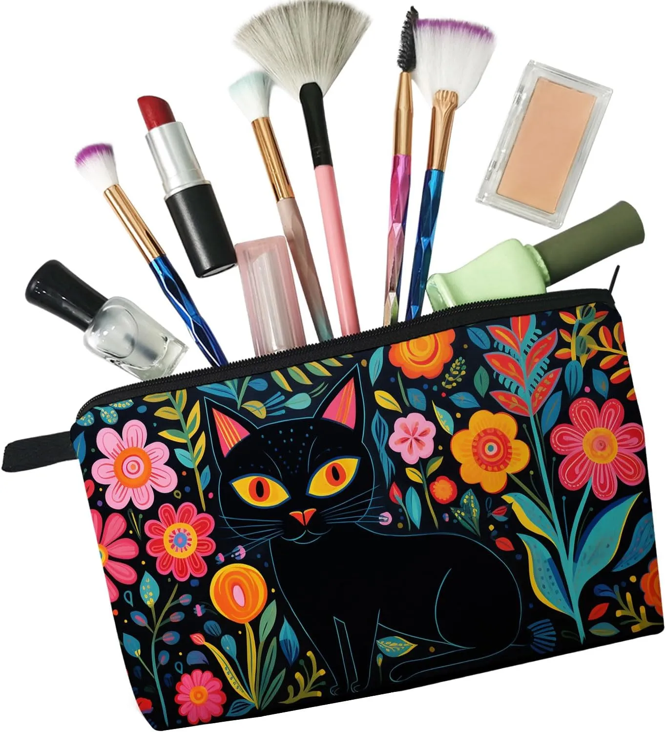 Black Cat Makeup Bag Mexican Folk Art Painting Small Organizer Zipper Pouch Floral Black Cat Kitten Print Cosmetic Bag Present for Women Friends