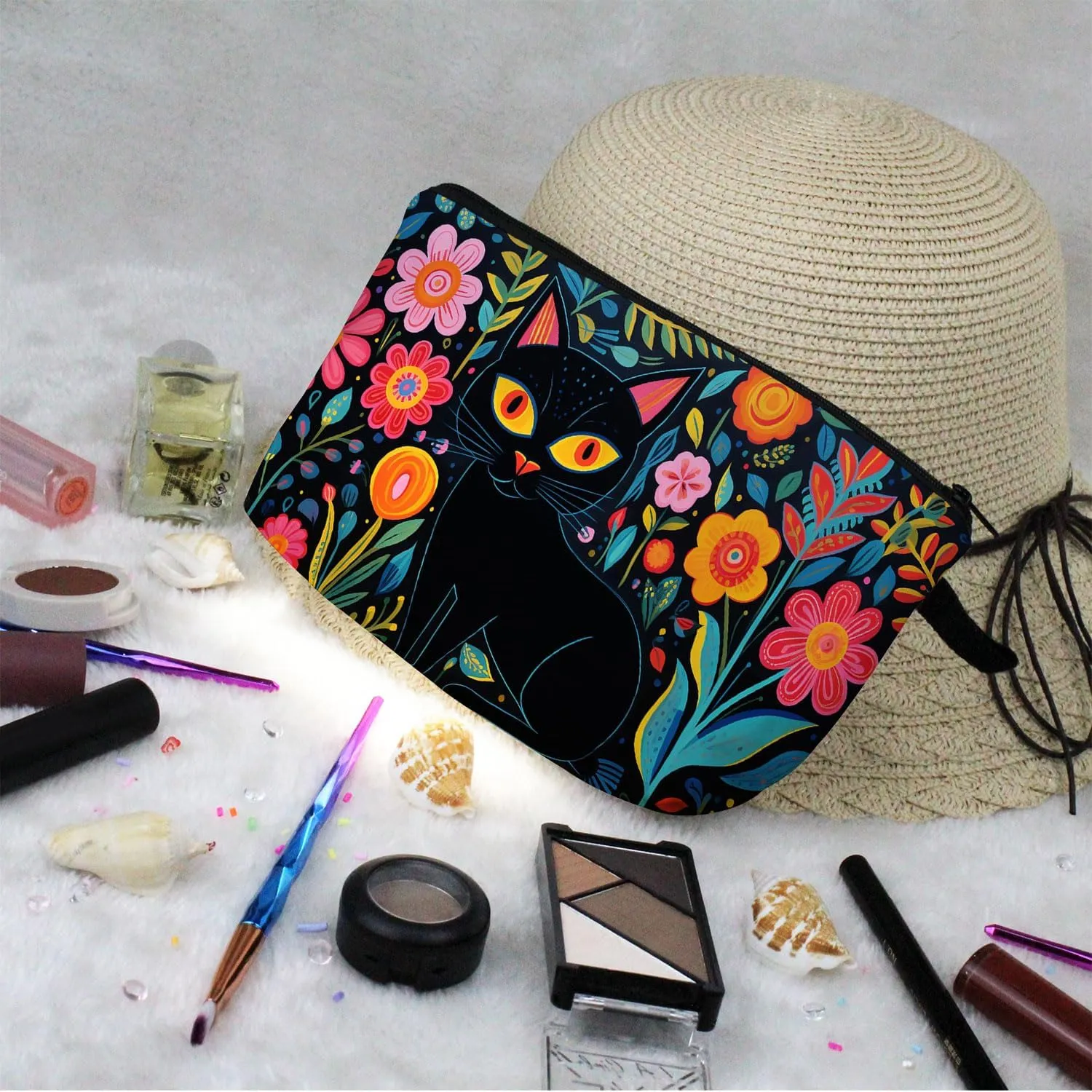 Black Cat Makeup Bag Mexican Folk Art Painting Small Organizer Zipper Pouch Floral Black Cat Kitten Print Cosmetic Bag Present for Women Friends