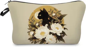 Black Cat Makeup Bag Small Organizer Bag Toiletry Zipper Pouch Floral Moon Cat Cosmetic Bag Birthday Present for Cat Lovers Cat Mom Women Friends