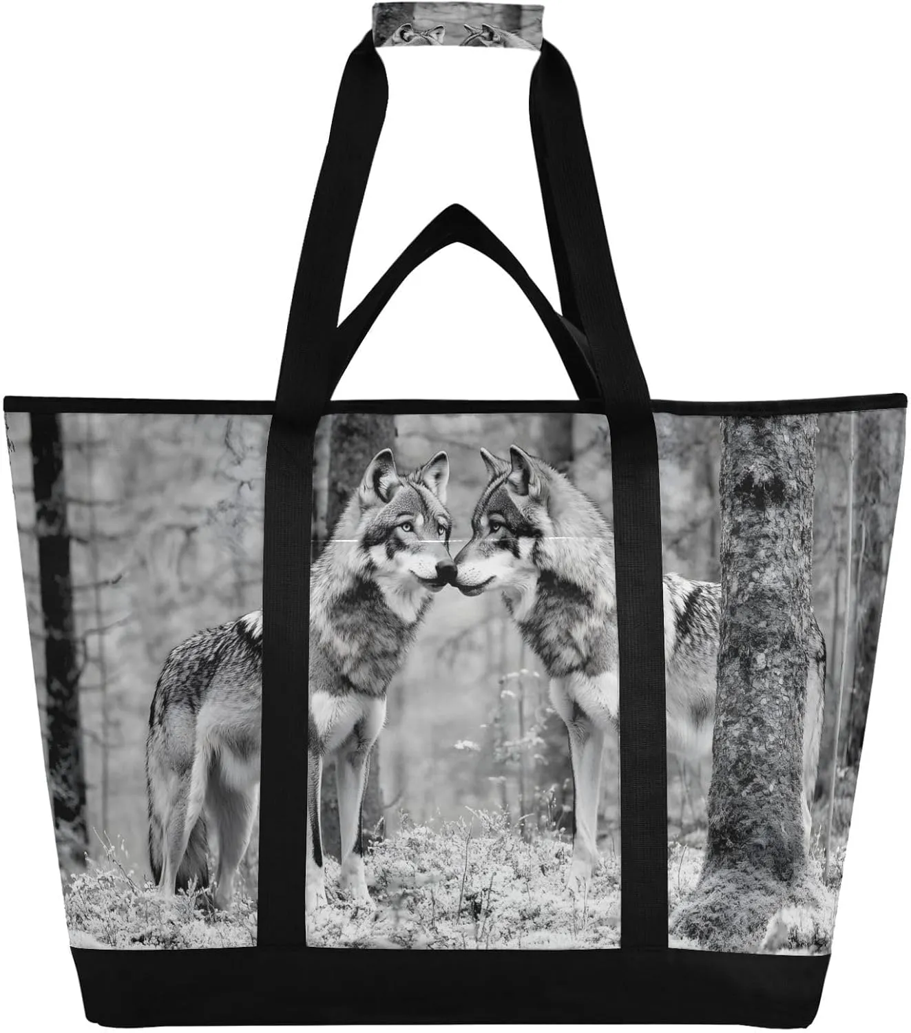 Black White Wolf Tree Large Insulated Tote Bag for Grocery Shopping Reusable Tote Bags for Women Men, Cooler Bag with Zippered Top & Handles for Beach Picnic Travel
