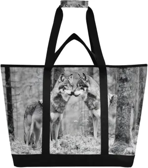 Black White Wolf Tree Large Insulated Tote Bag for Grocery Shopping Reusable Tote Bags for Women Men, Cooler Bag with Zippered Top & Handles for Beach Picnic Travel