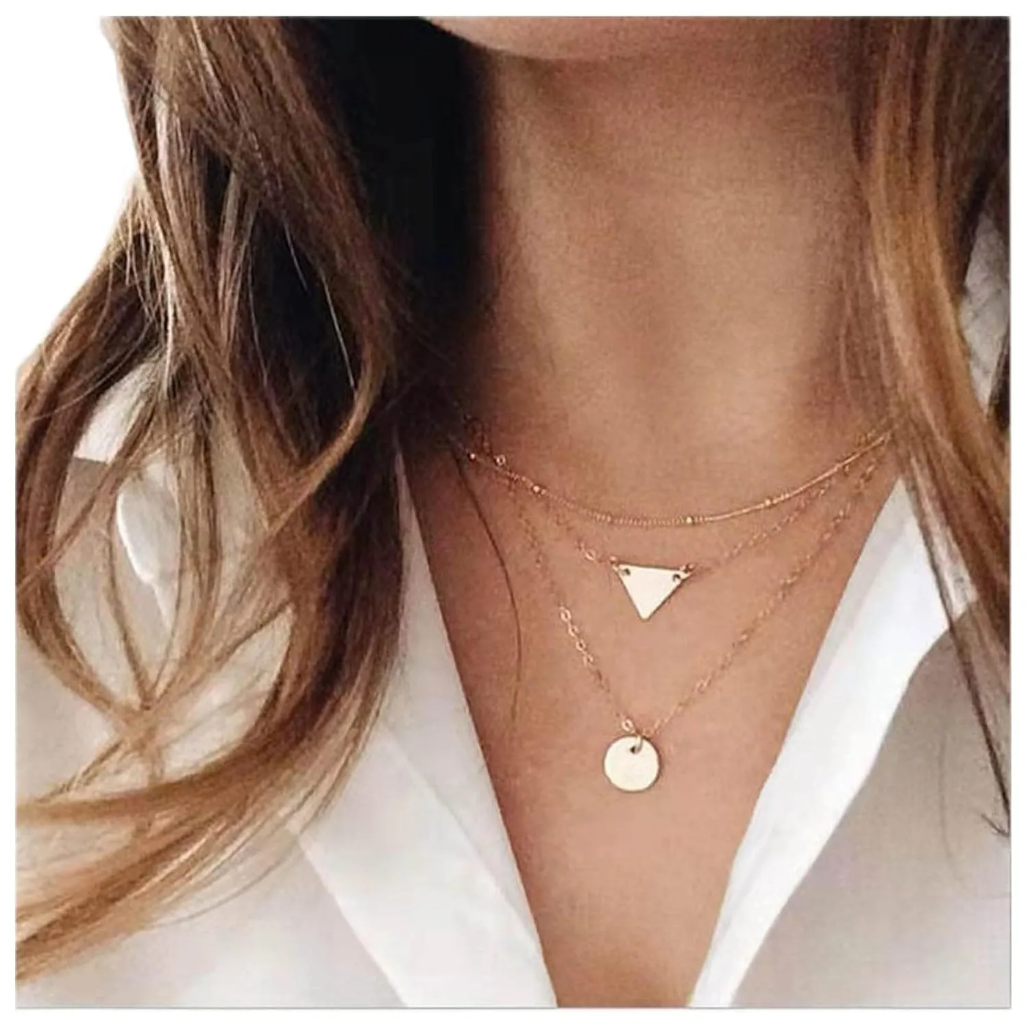 Bohemian Layered Triangle Disc Choker Necklace Vintage Coin Pendant Necklace Coin Chain Necklace Gold Multi Layering Necklace Jewelry for Women and Girls