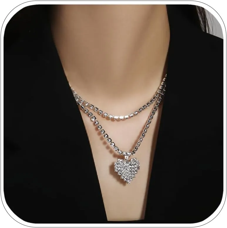 Boho 2 Layered Heart Necklace Rhinestone Silver Choker Pendant Necklace Adjustable Chain Wedding Accessory For Women Trendy