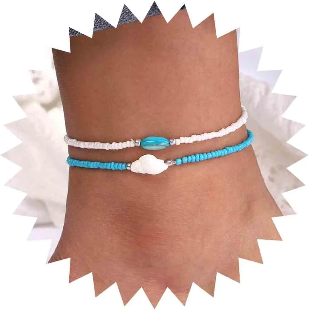 Boho Beaded Anklet Handmade Shell Beaded Ankle Bracelet Adjustable Stretch Ankle Chains 2Pcs Foot Jewelry for Women and Girls