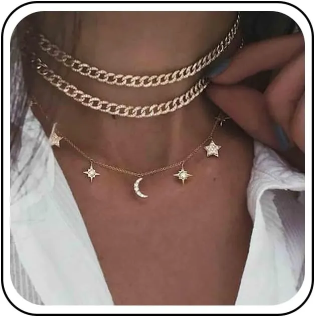 Boho Layered Star Moon Necklace Choker Gold CZ Moon Pendant Necklace Rhinestone Star Dangle Necklace Punk Curb Chain Necklace Jewelry for Women Gifts