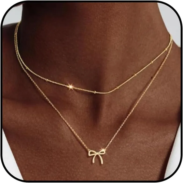 Bow Necklace Layered Gold Necklace Dainty Bow Pendant Choker Necklace Trendy Bow Necklace Gold Chain Necklaces for Women
