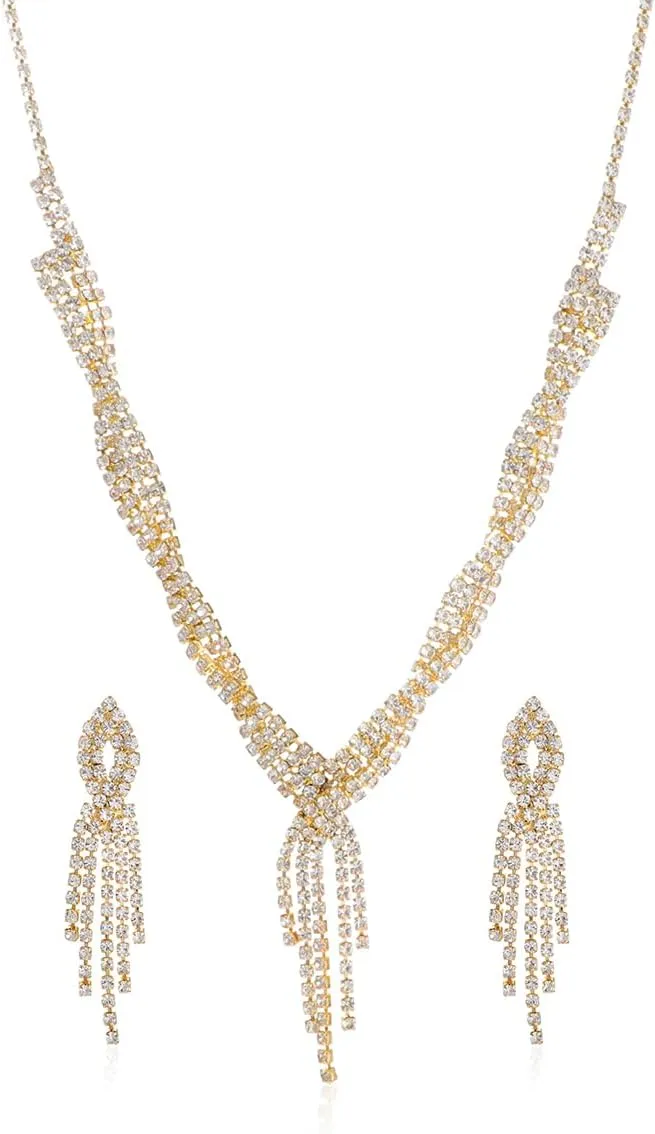 Bride Crystal Necklace Earring Set Bride Wedding Jewelry Set Rhinestone Necklace Gold Silver Wedding Party Ball Costume Jewelry Sparkling Cz Necklace Gold Jewelry for Women