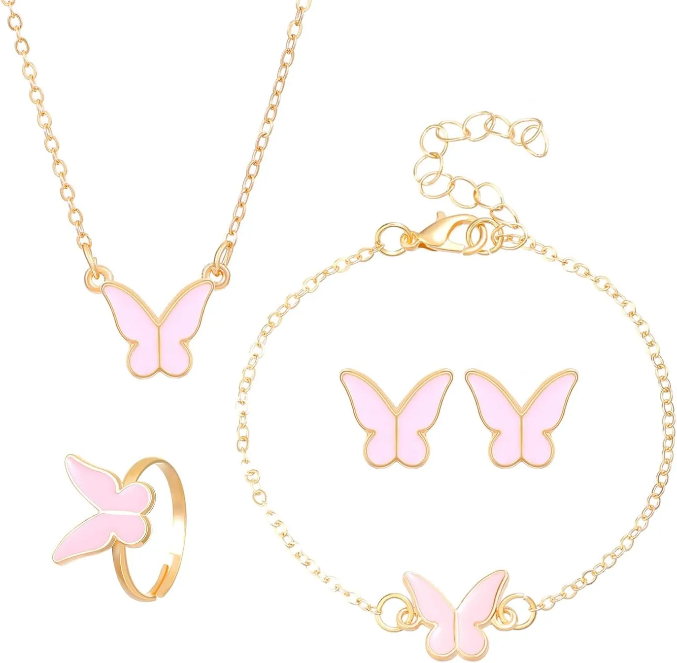 Butterfly Jewelry Set for Women 4 Pcs Set Butterfly Pendant Necklace Bracelet Earrings Rings Jewelry Open Ring Animal Butterfly Choker Pendant Collar Necklace Boho Jewelry