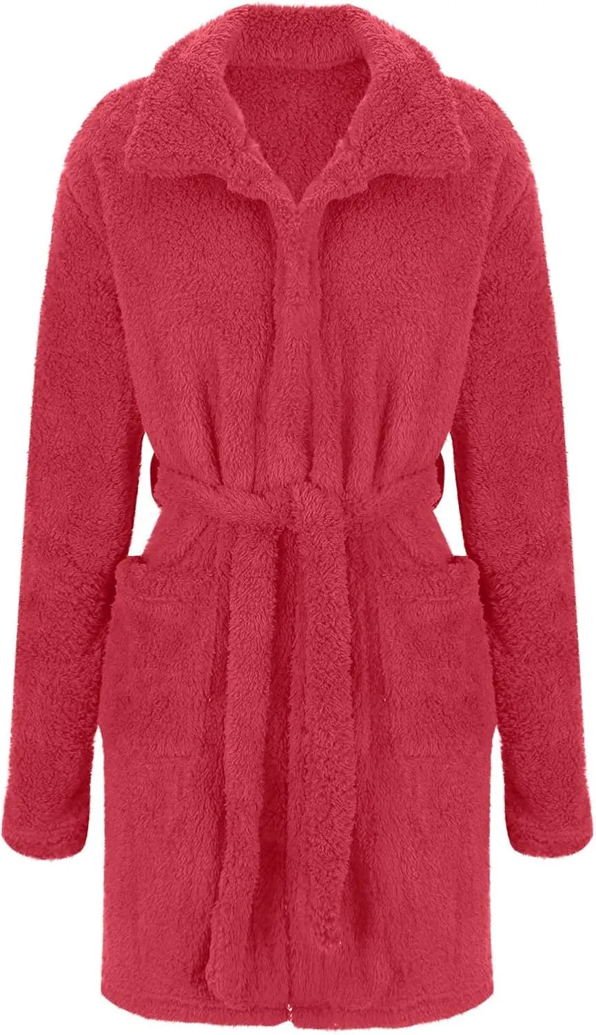 BZGTZT Women Fleece Robe, Short Cozy Plush Robes For Womens Soft Shawl Collar Warm Spa Bathrobe Winter Thicker House Coat