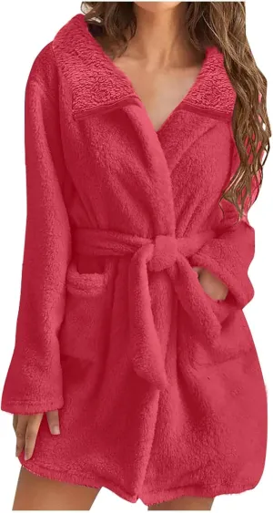 BZGTZT Women Fleece Robe, Short Cozy Plush Robes For Womens Soft Shawl Collar Warm Spa Bathrobe Winter Thicker House Coat