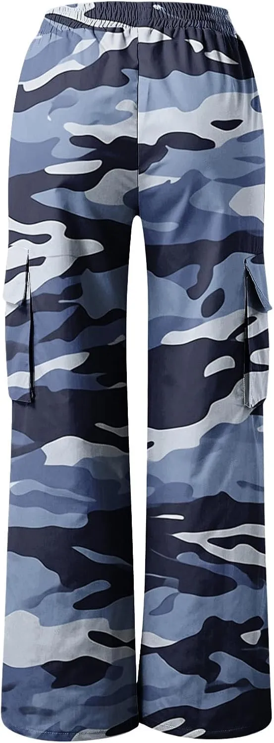 Camo Cargo Pants for Women Casual Drawstring High Waist Parachute Pants Baggy Wide Leg Hiking Pants with Pockets