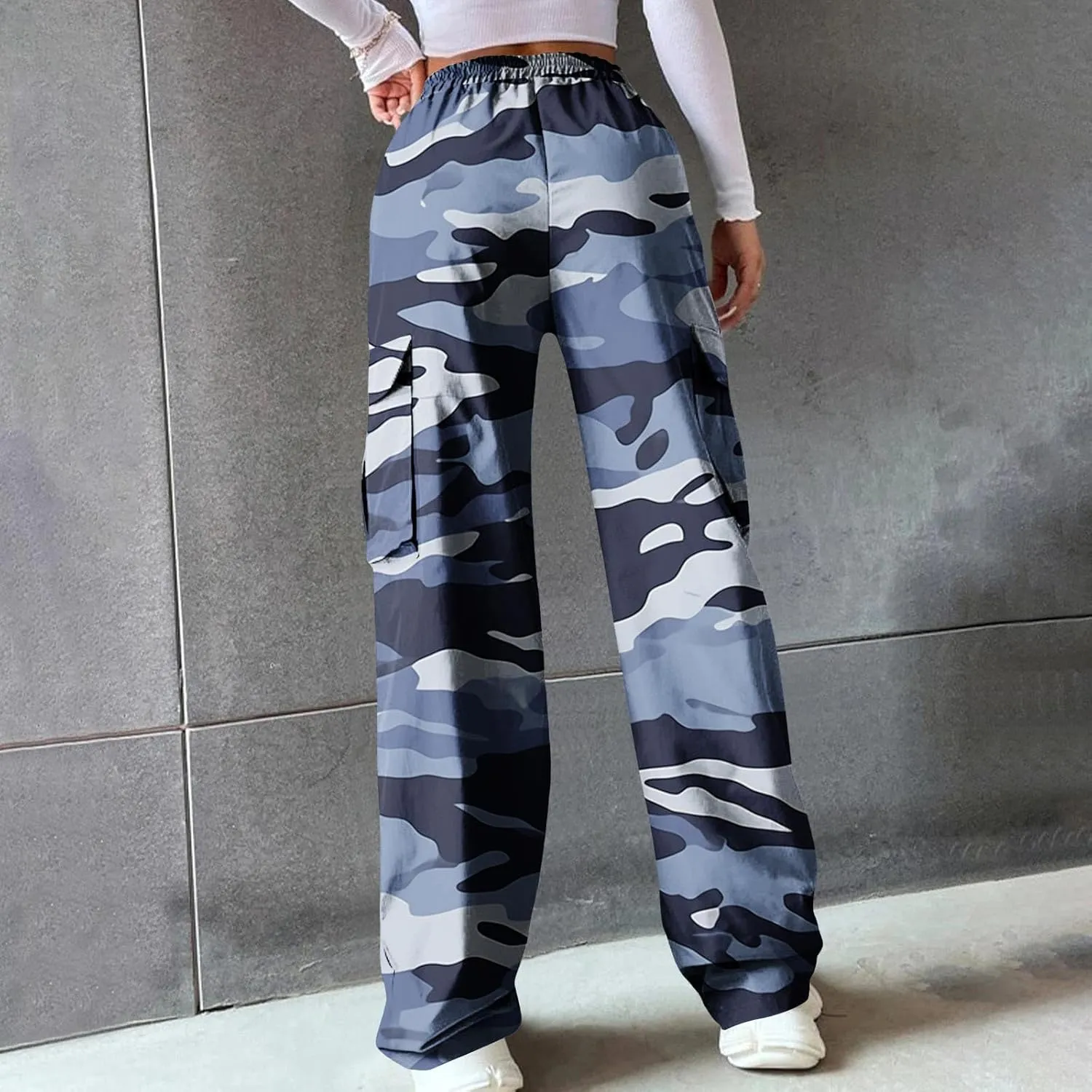 Camo Cargo Pants for Women Casual Drawstring High Waist Parachute Pants Baggy Wide Leg Hiking Pants with Pockets