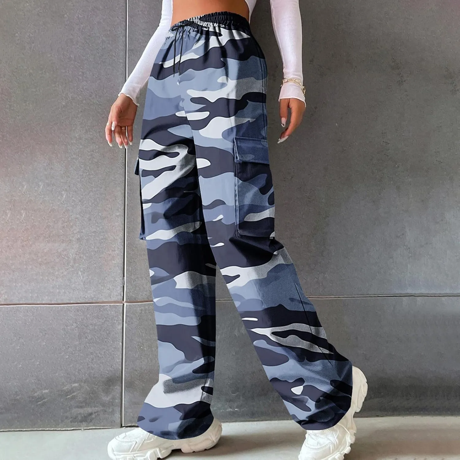 Camo Cargo Pants for Women Casual Drawstring High Waist Parachute Pants Baggy Wide Leg Hiking Pants with Pockets