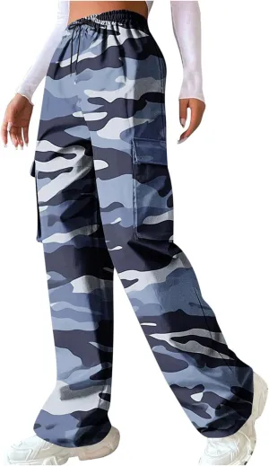 Camo Cargo Pants for Women Casual Drawstring High Waist Parachute Pants Baggy Wide Leg Hiking Pants with Pockets