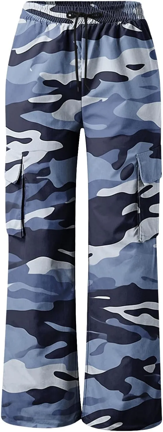 Camo Cargo Pants for Women Casual Drawstring High Waist Parachute Pants Baggy Wide Leg Hiking Pants with Pockets