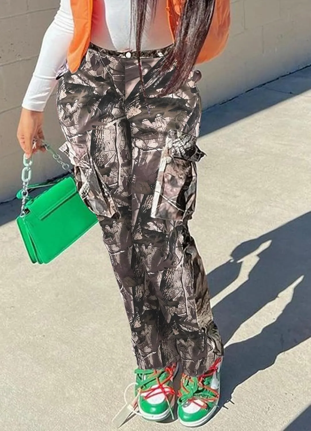 Camo Pants Women High Waist Baggy Wide Leg Camouflage Army Fatigue Jean Trousers Slim Fit Pockets Joggers Sweatpants
