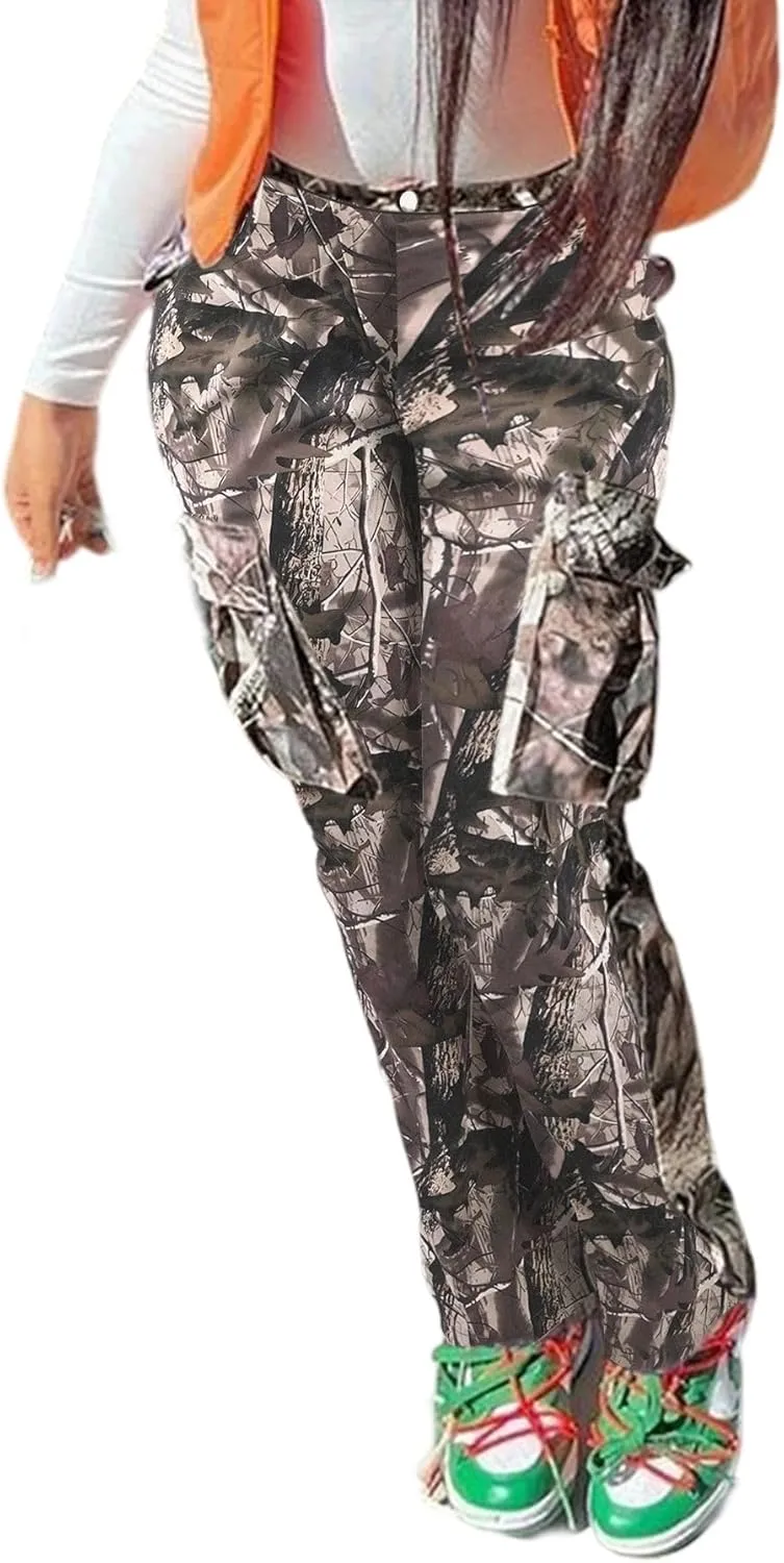Camo Pants Women High Waist Baggy Wide Leg Camouflage Army Fatigue Jean Trousers Slim Fit Pockets Joggers Sweatpants