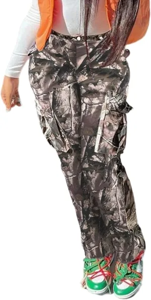 Camo Pants Women High Waist Baggy Wide Leg Camouflage Army Fatigue Jean Trousers Slim Fit Pockets Joggers Sweatpants