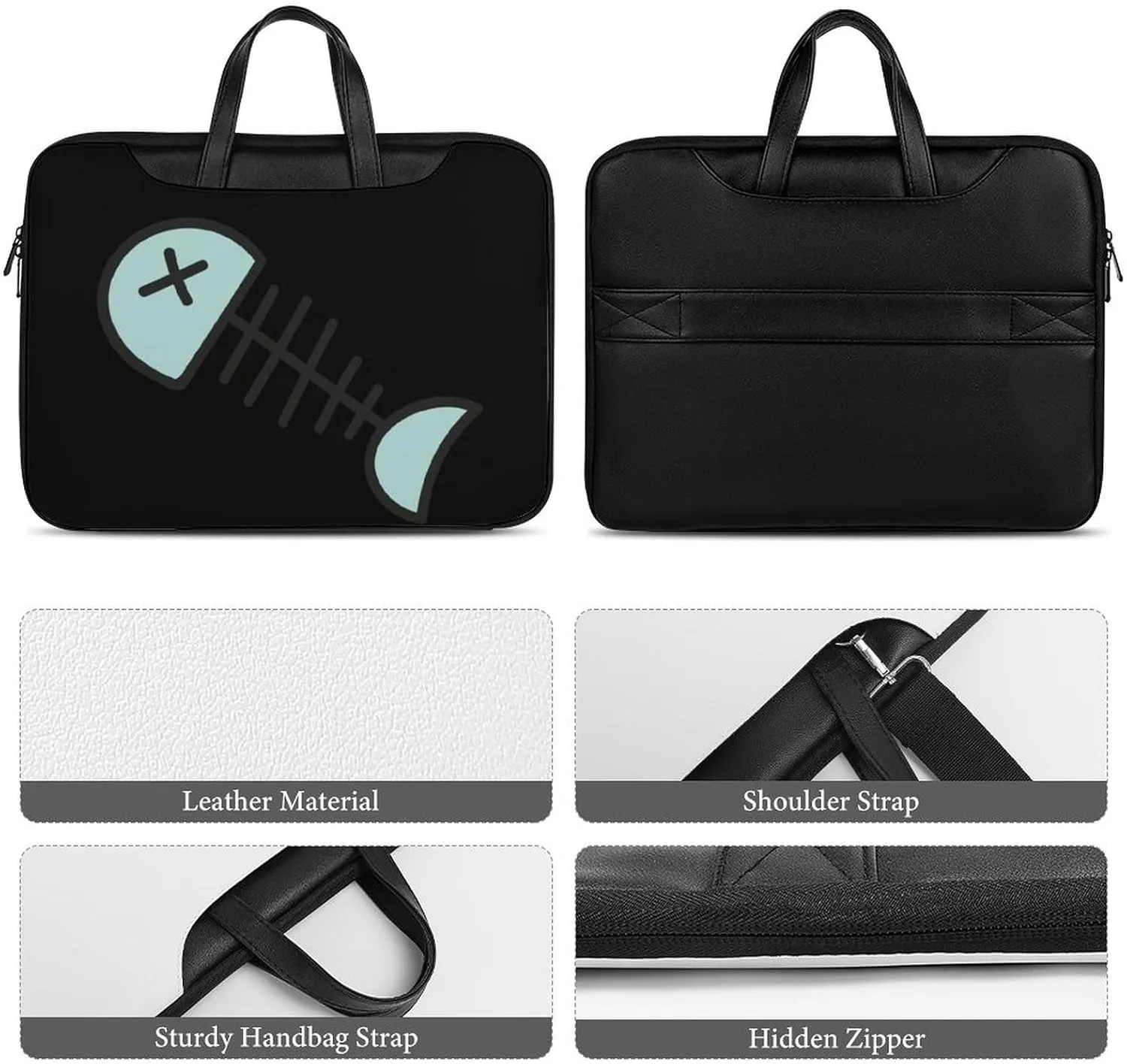 Cartoon Fish Bone Leather Bag Laptop Case Slim Water Resistant Computer Bags with Handle Briefcase for Work