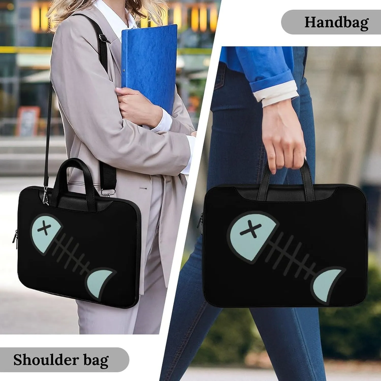 Cartoon Fish Bone Leather Bag Laptop Case Slim Water Resistant Computer Bags with Handle Briefcase for Work