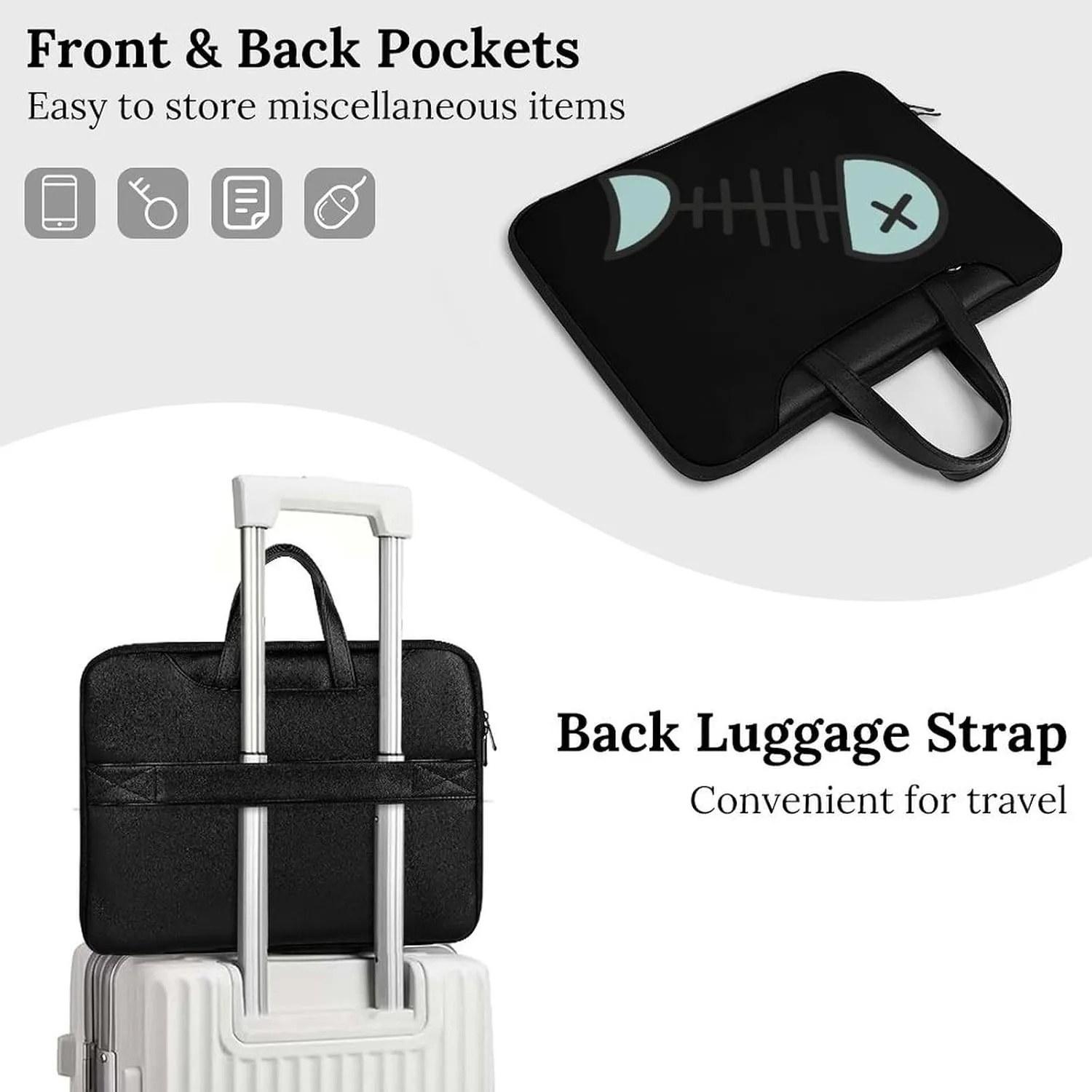 Cartoon Fish Bone Leather Bag Laptop Case Slim Water Resistant Computer Bags with Handle Briefcase for Work